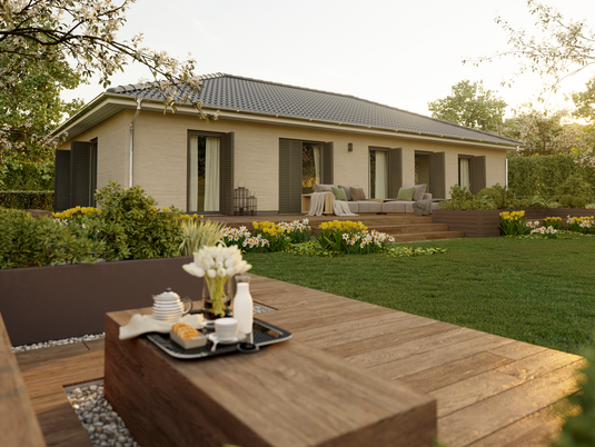 Bungalow 131 mit Terrasse und Gartenansicht – Beispiel für eine durchdachte Planung beim Bungalowkauf mit komfortablem Wohnkonzept auf einer Ebene
