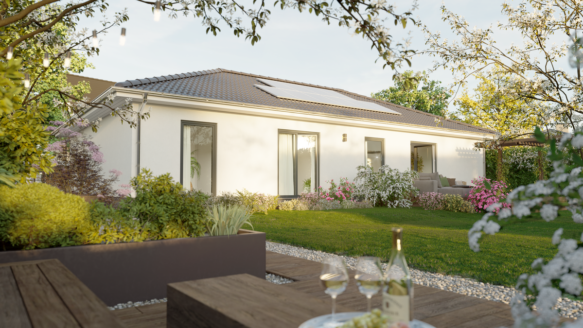 Era 131 – Das neue Aktionshaus mit Stil und Raum für dein Familienglück Gartenansicht des Massivhauses Era 131 von Town & Country Haus mit großzügiger Terrasse, bodentiefen Fenstern und moderner Architektur – ein Aktionshaus mit ca. 131 m² Wohnfläche für stilvolles Familienleben.